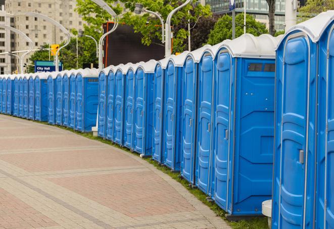 Seasonal porta potty units set up at a Cedar Rapids, Iowa venue
